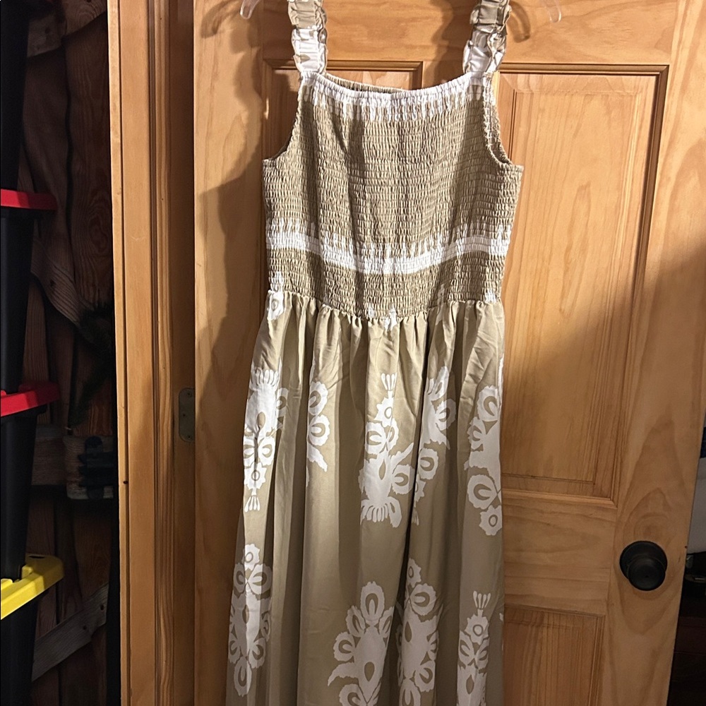 Beige and White Smocked Maxi Dress